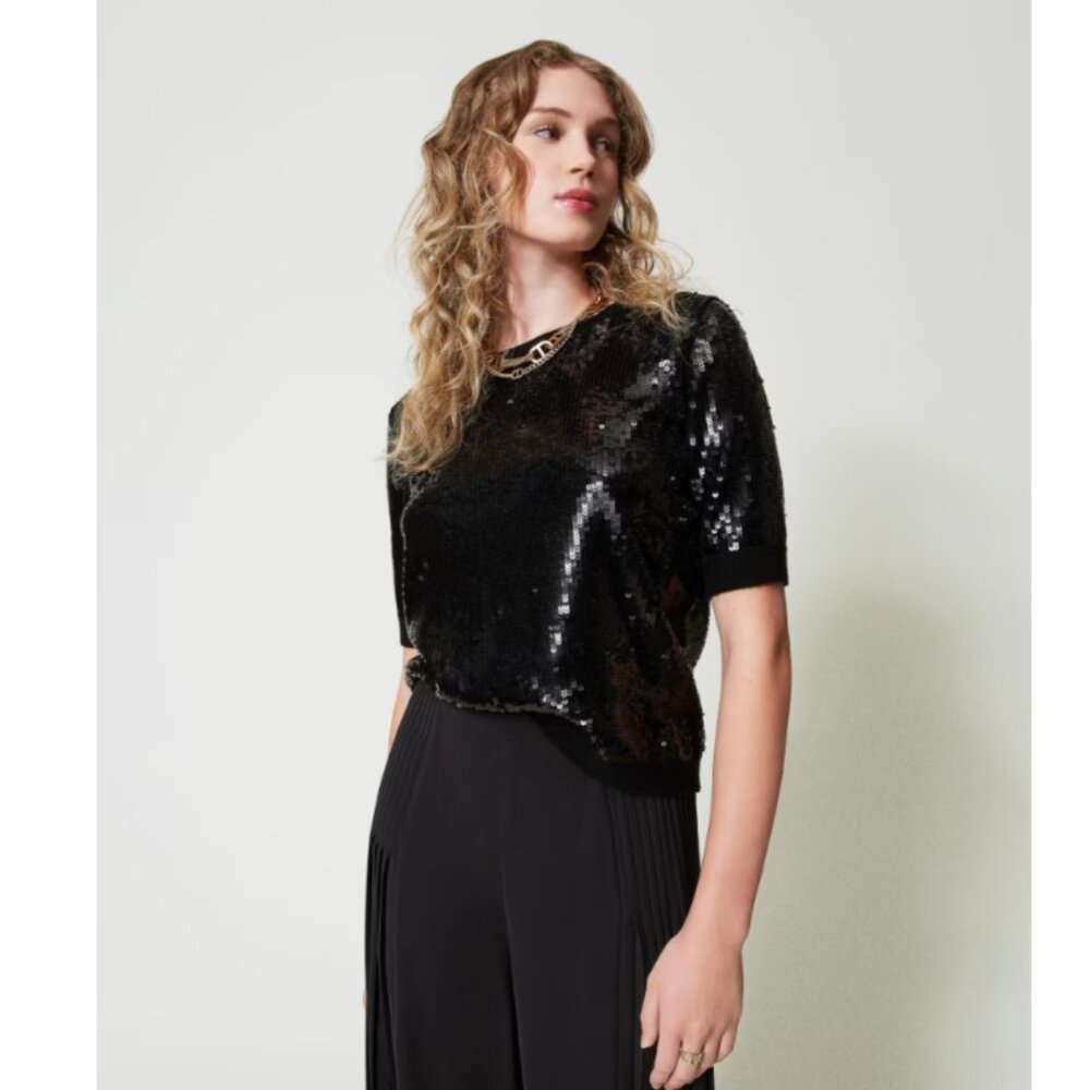 Twinset Black Sequin Embroidered Wool Shirt Top Size M NWT